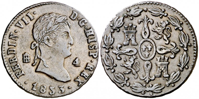 1833. Fernando VII. Segovia. 4 maravedís. (Cal. 1717). 4,85 g. MBC+.