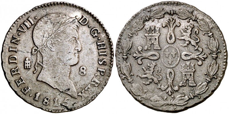 1815. Fernando VII. Segovia. 8 maravedís. (Cal. 1672). 9,58 g. Primer busto. Pun...