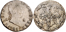 1817. Fernando VII. Segovia. 8 maravedís. (Cal. 1674 var). 10,87 g. Sin cabeza sobre el acueducto. Rayitas. Rara. (MBC-).