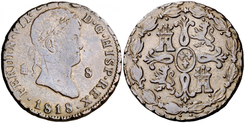 1818/7. Fernando VII. Segovia. 8 maravedís. (Cal. 1675 var). 11,25 g. Golpecito....