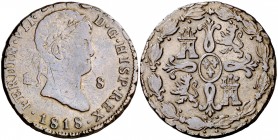1818/7. Fernando VII. Segovia. 8 maravedís. (Cal. 1675 var). 11,25 g. Golpecito. MBC-/MBC.