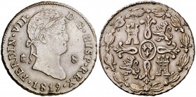 1819. Fernando VII. Segovia. 8 maravedís. (Cal. 1676). 12,39 g. Pequeño defecto de acuñación en canto. Fecha rara. MBC+/EBC-.