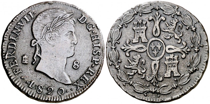 1820. Fernando VII. Segovia. 8 maravedís. (Cal. 1677). 10,81 g. Fecha 1820. MBC....