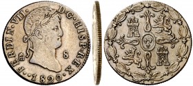 1820. Fernando VII. Segovia. 8 maravedís. (Cal. 1678). 10,04 g. Fecha 1820. Canto estriado. Rara. MBC+.