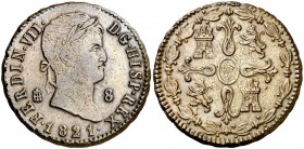 1821. Fernando VII. Segovia. 8 maravedís. (Cal. 1681). 11,94 g. Fecha rara. MBC+.