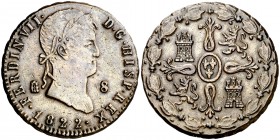 1822. Fernando VII. Segovia. 8 maravedís. (Cal. 1682). 11,71 g. Rara. MBC/MBC+.