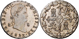 1823. Fernando VII. Segovia. 8 maravedís. (Cal. 1683). 11,52 g. Leves rayitas. Precioso color. Fecha rara y más así. EBC.