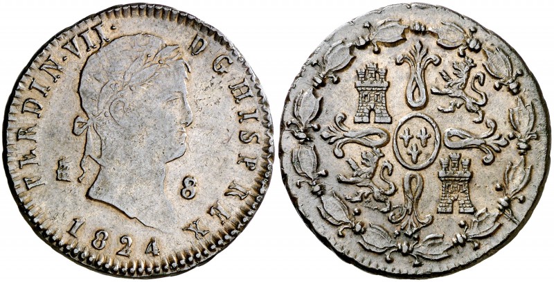 1824. Fernando VII. Segovia. 8 maravedís. (Cal. 1684). 11,45 g. Fecha larga y si...