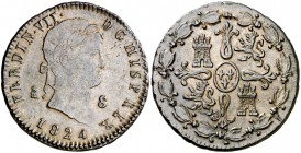 1824. Fernando VII. Segovia. 8 maravedís. (Cal. 1684). 11,45 g. Fecha larga y sin puntos. MBC+/EBC-.