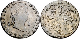 1824. Fernando VII. Segovia. 8 maravedís. (Cal. 1685). 11,52 g. HSIP en lugar de HISP. Fecha larga. Muy rara. MBC-/MBC.