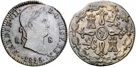 1825. Fernando VII. Segovia. 8 maravedís. (Cal. 1686). 11,27 g. Fecha 1825. Defecto de acuñación en canto. (MBC+/EBC-).