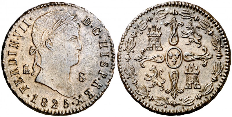 1825. Fernando VII. Segovia. 8 maravedís. (Cal. 1686). 11,11 g. Bella. Escasa as...