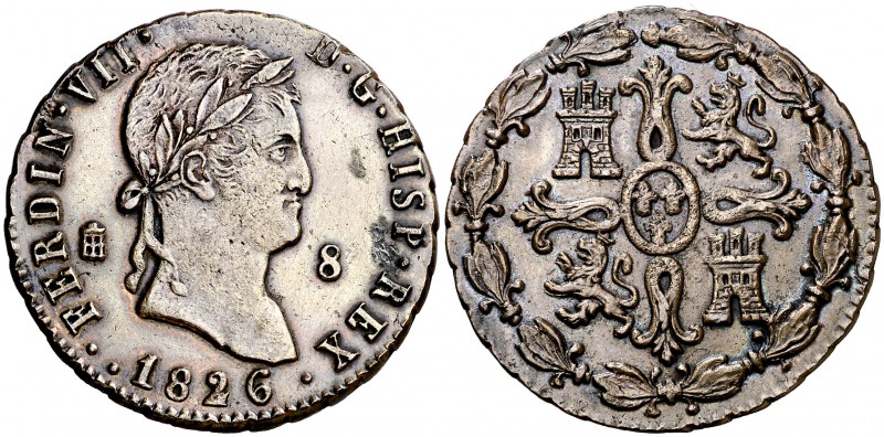 1826. Fernando VII. Segovia. 8 maravedís. (Cal. 1687). 11,30 g. Fecha 1826. Buen...
