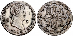 1826. Fernando VII. Segovia. 8 maravedís. (Cal. 1687). 11,30 g. Fecha 1826. Buen ejemplar. Escasa así. MBC+/EBC-.