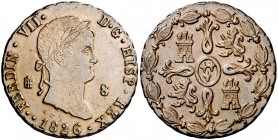 1826. Fernando VII. Segovia. 8 maravedís. (Cal. 1687). 10,63 g. Fecha 1826. Buen ejemplar. Escasa así. MBC+/EBC-.
