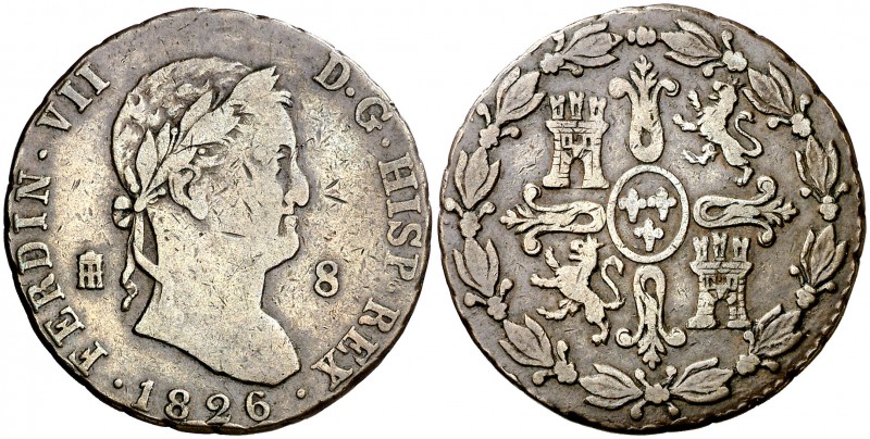 1826. Fernando VII. Segovia. 8 maravedís. (Cal. 1687). 8,86 g. Busto peculiar. S...