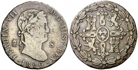 1826. Fernando VII. Segovia. 8 maravedís. (Cal. 1687). 8,86 g. Busto peculiar. Sin punto después de VII. MBC-.