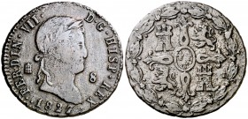 1827/6. Fernando VII. Segovia. 8 maravedís. (Cal. 1688). 10,87 g. Fecha 1827. BC+.