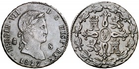1827. Fernando VII. Segovia. 8 maravedís. (Cal. 1689). 11,51 g. Fecha 1827. MBC/MBC+.
