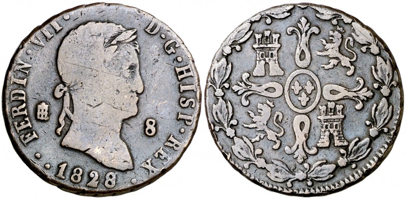 1828. Fernando VII. Segovia. 8 maravedís. (Cal. 1690). 11,31 g. Primer busto. Fe...
