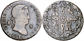 1828. Fernando VII. Segovia. 8 maravedís. (Cal. 1690). 11,31 g. Primer busto. Fecha muy rara. BC/BC+.