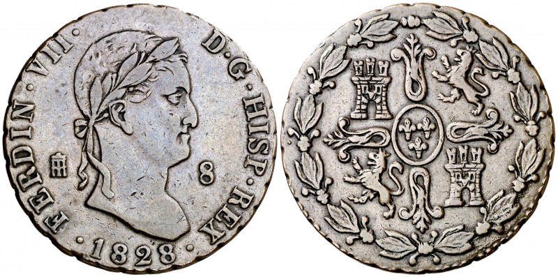 1828. Fernando VII. Segovia. 8 maravedís. (Cal. 1690). 9,16 g. Busto peculiar. F...