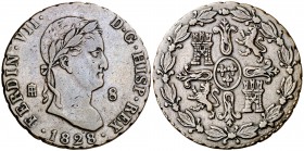 1828. Fernando VII. Segovia. 8 maravedís. (Cal. 1690). 9,16 g. Busto peculiar. Fecha muy rara. MBC+.