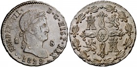 1829/7. Fernando VII. Segovia. 8 maravedís. (Cal. 1691). 11,39 g. Fecha 1829. Rayita. Buen ejemplar. MBC+/EBC-.