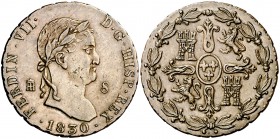 1830. Fernando VII. Segovia. 8 maravedís. (Cal. 1694). 9,46 g. Busto peculiar. Leves marquitas. Muy atractiva. Rara y más así. EBC-/EBC.