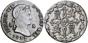1832. Fernando VII. Segovia. 8 maravedís. (Cal. 1696). 10,79 g. MBC+.