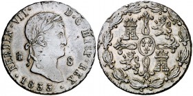 1833. Fernando VII. Segovia. 8 maravedís. (Cal. 1697). 11,15 g. Leves marquitas. Buen ejemplar. MBC+/EBC-.