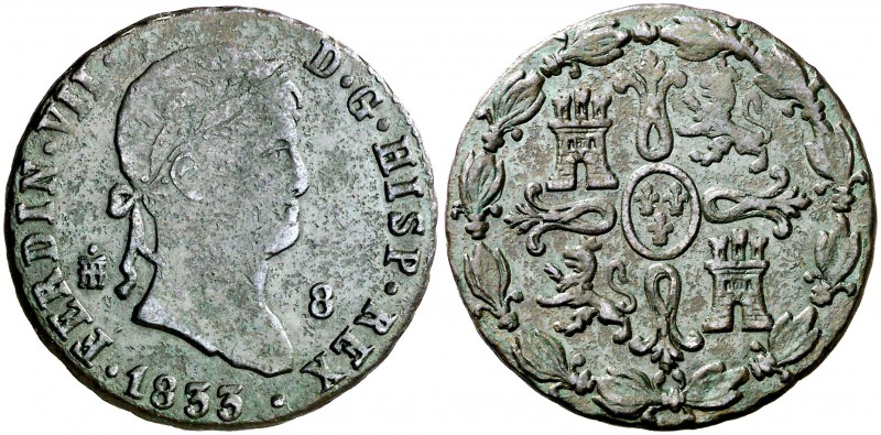 1833. Fernando VII. Segovia. 8 maravedís. (Cal. 1697). 11,39 g. Cabeza del acued...