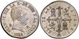 1822. Fernando VII. Segovia. 8 maravedís. (Cal. 1699). 11,52 g. Tipo "cabezón". Atractiva. Rara y más así. EBC-/EBC.