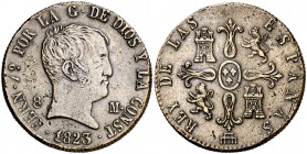 1823. Fernando VII. Segovia. 8 maravedís. (Cal. 1700). 10,71 g. Tipo "cabezón". Ceca en anverso. Canto estriado. Escasa. MBC.