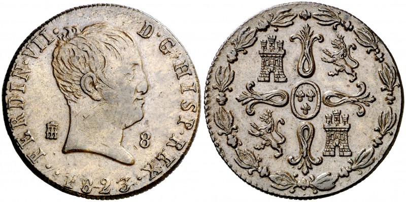 1823. Fernando VII. Segovia. 8 maravedís. (Cal. 1701). 11 g. Tipo "cabezón". Cec...