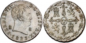 1823. Fernando VII. Segovia. 8 maravedís. (Cal. 1701). 11,11 g. Tipo "cabezón". Canto con cordoncillo. Bella. Ex HSA 27618. Escasa y más así. EBC-....