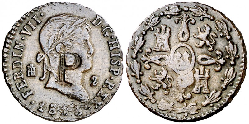 1828. Fernando VII. Segovia. 2 maravedís. 2,10 g. Contramarca: P. MBC+.
