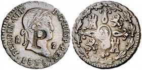 1828. Fernando VII. Segovia. 2 maravedís. 2,10 g. Contramarca: P. MBC+.