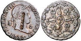 1832. Fernando VII. Segovia. 2 maravedís. 2,79 g. Contramarca: VILANOVA. MBC.