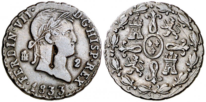 1833. Fernando VII. Segovia. 2 maravedís. 2,52 g. Contramarca: llave. MBC.