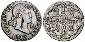 1833. Fernando VII. Segovia. 2 maravedís. 2,52 g. Contramarca: llave. MBC.