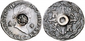 1816. Fernando VII. Segovia. 4 maravedís. 5 g. Resello de El Salvador (De Mey 1099). Rara. MBC+.