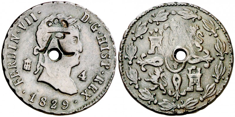 1829. Fernando VII. Segovia. 4 maravedís. 5,58 g. Resello imitando el monograma ...
