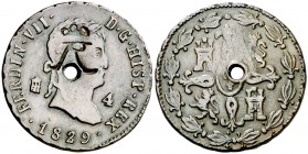 1829. Fernando VII. Segovia. 4 maravedís. 5,58 g. Resello imitando el monograma de las Islas Virgenes. Perforación. Muy curiosa. MBC.