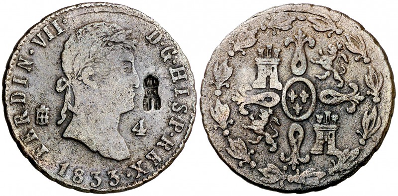 1833. Fernando VII. Segovia. 4 maravedís. 5,54 g. Contramarca: torre (MBC+). BC....
