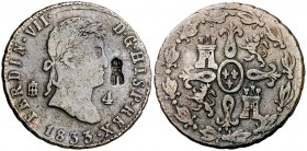 1833. Fernando VII. Segovia. 4 maravedís. 5,54 g. Contramarca: torre (MBC+). BC.