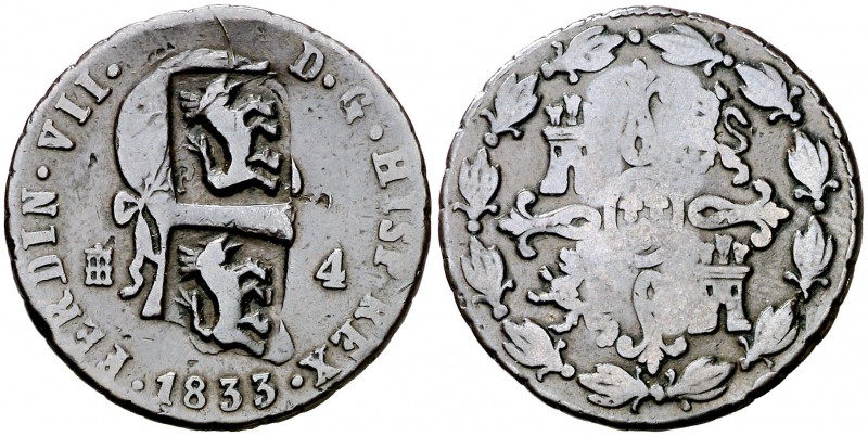 1833. Fernando VII. Segovia. 4 maravedís. 5,36 g. Doble resello de caballo en ca...