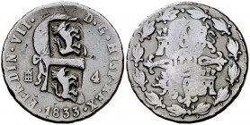 1833. Fernando VII. Segovia. 4 maravedís. 5,36 g. Doble resello de caballo en cartela, imitando el de Uruguay (De Mey 1168). (MBC-).