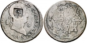 1815. Fernando VII. Segovia. 8 maravedís. 12 g. Contramarca carlista: CAR/V(MBC+). Rara. MBC-.