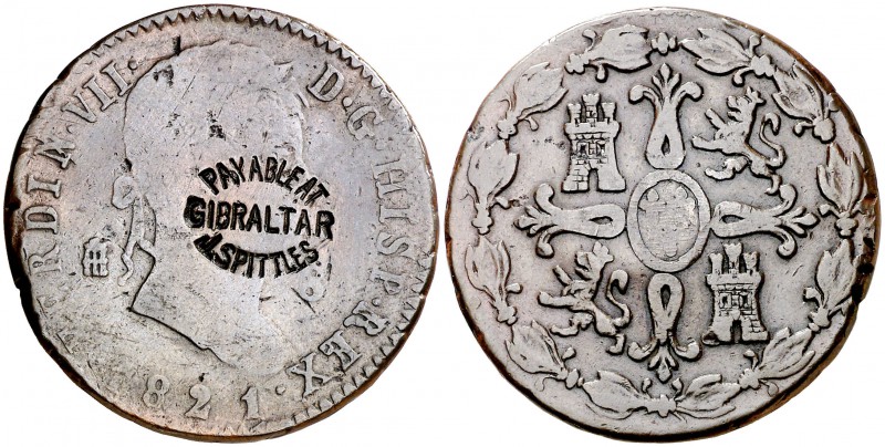 1821. Fernando VII. Segovia. 8 maravedís. (Cal. 1681 var). 10,13 g. Contramarca:...